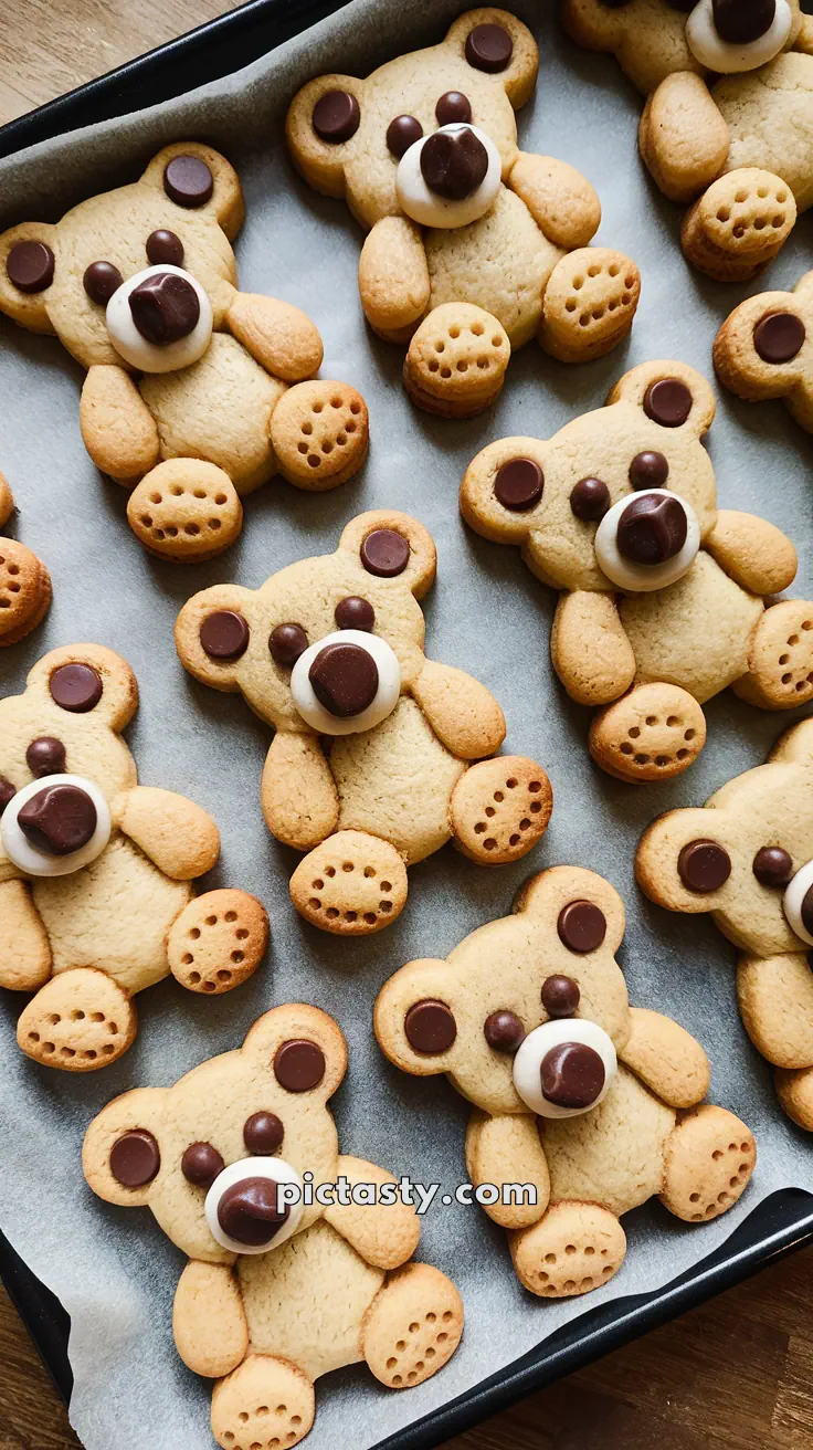 Tray of bear-shaped cookies with chocolate buttons for eyes and nose.